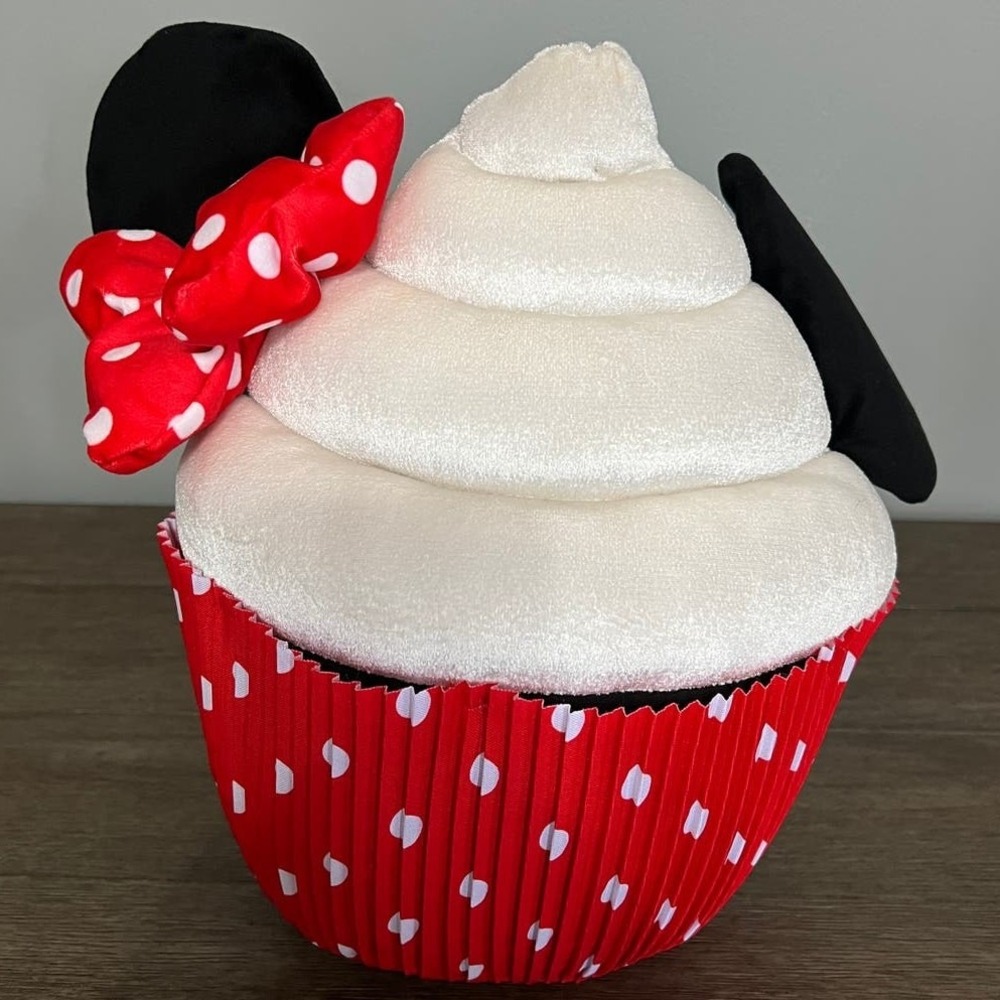 Disney Parks Minnie Mouse Cupcake Plush Pillow Red Polka Dot Bow Stuffed Toy
